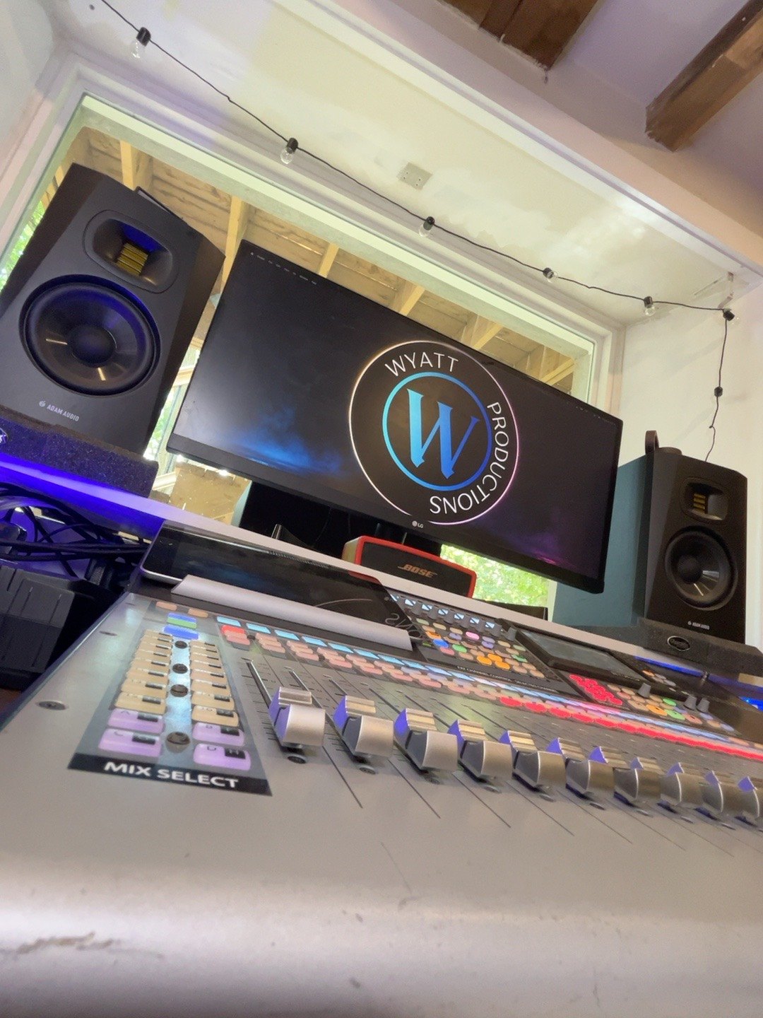 Low-angle view of the Wyatt Productions StudioLive console and studio monitors